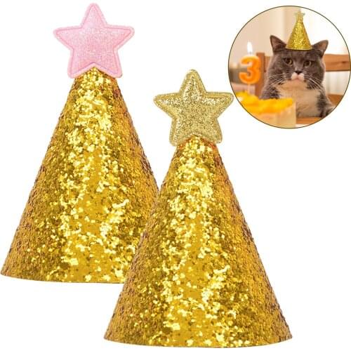 2pcs Gold Powder Pet Birthday Party Headwear Caps Hat Party Costume Headwear Glitter Sequin Stars Hats Pet Clothing Accessories