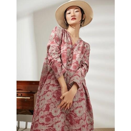 21 spring and autumn cotton and hemp printed robe new style literature and art languid wind long Dress oversized 2021012