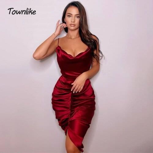 Townlike Satin Irregular Sexy Dress Women Spaghetti Strap Midi Night Club Party Dresses Summer Backless Bodycon Dress Vestidos