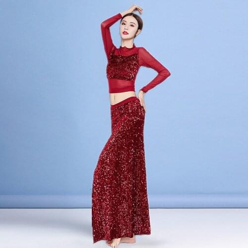 Sparkle Fashion Autumn Winter Class Wear Women Dance Elegant Outfit Sequins Belly Dance Costume Set Mesh Top & Long Skirt