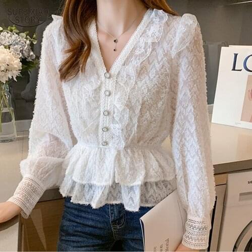 V-neck Wild Pure Solid Elegant Blouses Autumn Sweet Lace Blouses Women Long-sleeved Fashion Ruffled Stitching Shirts Women 16666