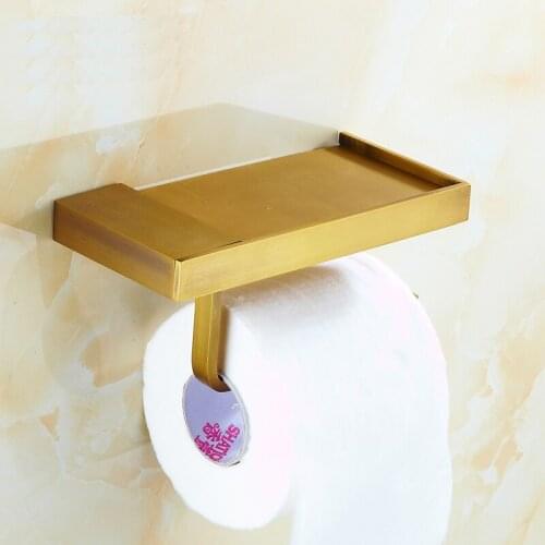 European gold WC/kitchen paper holder with shelf, Bathroom antique paper roll holder creative, Brass toilet paper holder vintage