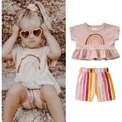 FOCUSNORM 0-5Y Summer Kids Girls Clothes Sets Rainbow Printed Short Sleeve T Shirts Tops Striped Shorts