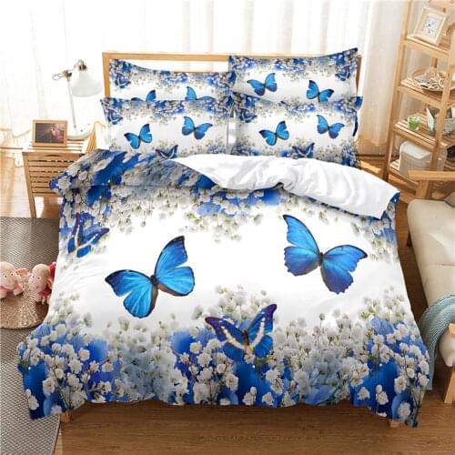 3D Blue Butterfly Flower Bedding Set Duvet Cover Pillowcase Soft Comforter Bed Set King Size Bed Linen Adults Decor Bedclothes