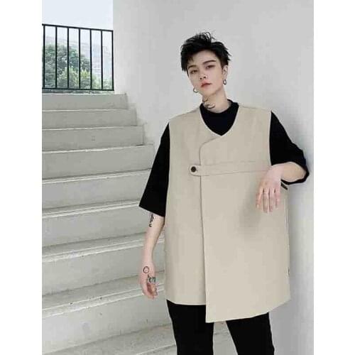 Korean loose new solid color work clothes stylist autumn style personalized dark mens asymmetric vest