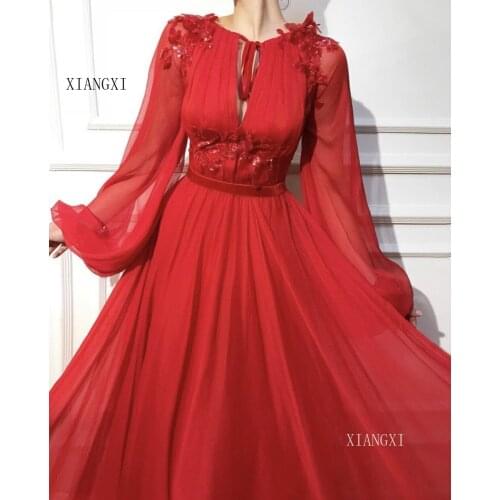 Red Muslim Evening Dresses 2018 A-line Long Sleeves Chiffon Lace Islamic Dubai Kaftan Saudi Arabic Long Evening Gown Prom Dress