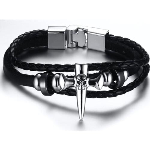 Cross Multi Layer Black Leather Bracelets for Men Stainless Steel Charm Bangle Male Wrist Gifts Prayer Lucky Jewelry B00176