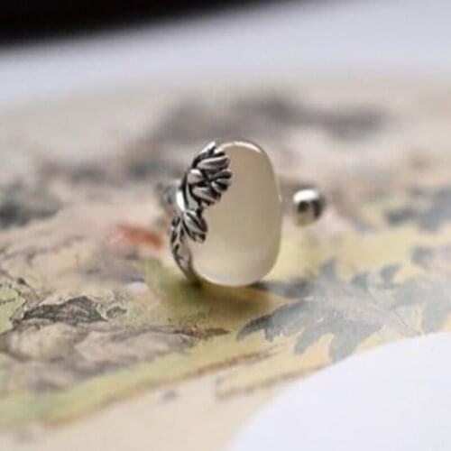 Natural Hetian White Jade Egg Round Open Ring Chinese Retro Lotus Shape Elegant Charm Original Design Womens Silver Jewelry