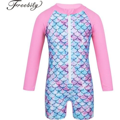 Infant Baby Girls One Piece Bathing Suit Long Sleeves Mermaid Fish Sales Pattern Printed Rash Guard Swimsuits Girls Swimwear
