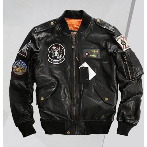 Spring and Autumn Stand-up Collar Casual Sports Sheepskin Leather Jacket Mens Embroidered Standard Leather Baseball Uniform