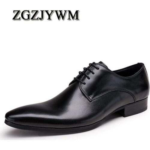 ZGZJYWM Fashion Brown/Black Oxfords Mens Business Lace-Up Genuine Leather Pointed Toe Office Dress Formal Mens Sedding Shoes