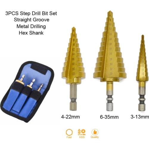 3PCS Step Drill Bit Set Titanium Coated HSS Hex Shank Straight Groove Metal Wood Hole Cutter