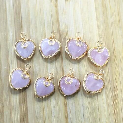 10pcs Handmade Copper Wire Wrapped Hearts Charm Natural Stone Crystal Agat Healing Pendant for Necklace Earring Jewelry Making