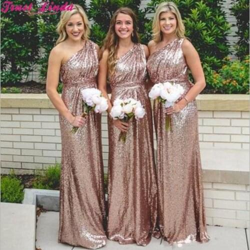 Rose Gold Sequins Bridesmaid Dresses Bling For Weddings One Shoulder A Line Long Floor Length Plus Size Maid of Honor Gowns