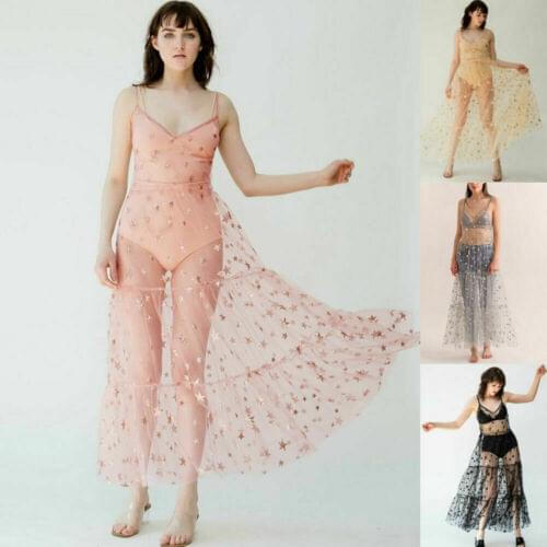 Women Tulle Spaghetti Straps See-Through Sundress Bling Cover Up Maxi Dress Summer Casual Holiday Beach Style Female Outfits