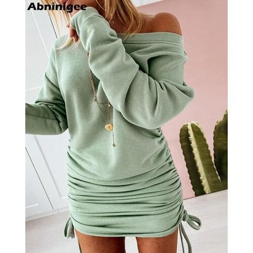 Drawstring Sexy Dress Womens High Quality Off Shoulder Long Sleeve Dresses Solid Color Women Party Mini Vestido Spring 2021