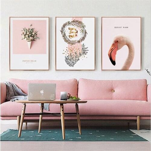 Nordic Canvas Flowers Pink Flamingo Wall Art Warm Tones Home Decor Modular Living Room Kid Bedroom Nordic Home Decor Painting