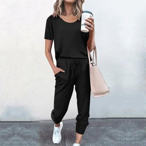 2pc Tracksuits Home Sweatpants Sets Women Pure Color Pocket Suit Short Sleeve Leisure Chandal Mujer Conjunto Deportivo Mujer
