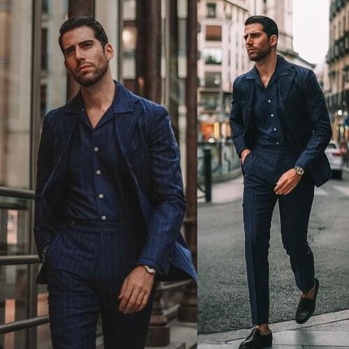 Navy Pinstripe Mens Suits Handsome Slim Fit Two Button Peaked Lapel Groom Best Men Prom Party Blazer Jacket(jacket+pants)