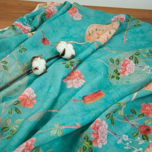 High quality ramie fabrics Fan and peony printing fabric Designer custom skirt dress material