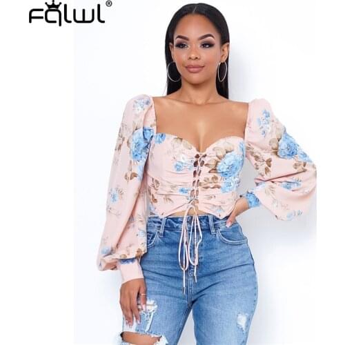 FQLWL Lace Up Sexy Club Bodycon T Shirt Women Backless Long Sleeve Bandage Tshirt Women Crop Top Solid Floral Ladies T-shirt
