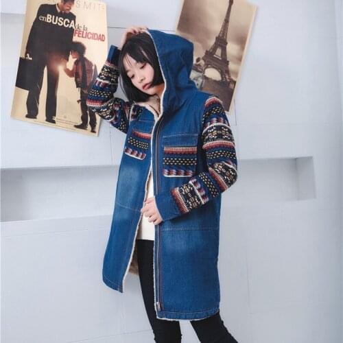 Women Denim Vintage Winter Coat Casual Loose Print Patchwork Top Warm Long Denim Padded Jacket Female Plus Velvet Thick Outwear