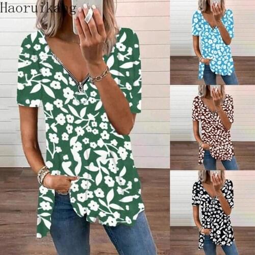 Women Floral Printed T-shirts Sexy Zip V Neck Short Sleeve Streetwear Loose Tee Tops