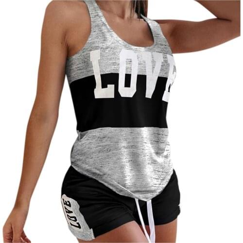 Summer Casual Loose Two Piece Set Women Tracksuit Homewear Fashion Patchwork Letter Print Sleeveless Top and Shorts Suit Outfits