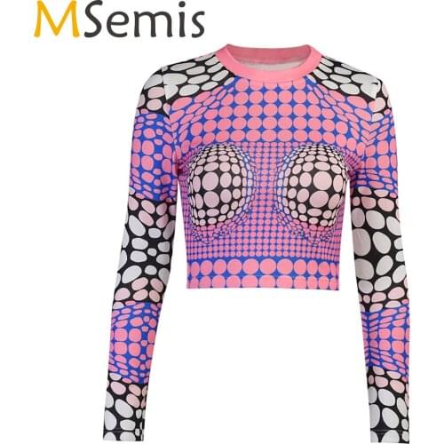 Women Fashion Dot Printed Long Sleeve Crop Top Streetwear Contrast Color Round Neck Slim Fit T-shirt 2021 Autumn Female Clothing