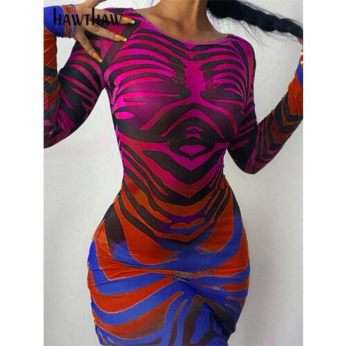 Hawthaw Women Autumn Long Sleeve Printed Mesh See Through Bodycon Dress 2021 Fall Female Clothing Streetwear Wholesale Items