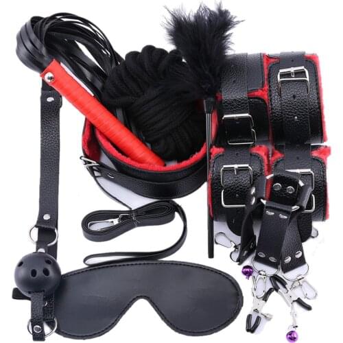 10 Pcs/set Sex Products Erotic Toys for Adults Leather Bdsm Sex Bondage Set Handcuffs Gag Whip Rope SM Game Sex Toys for Couples