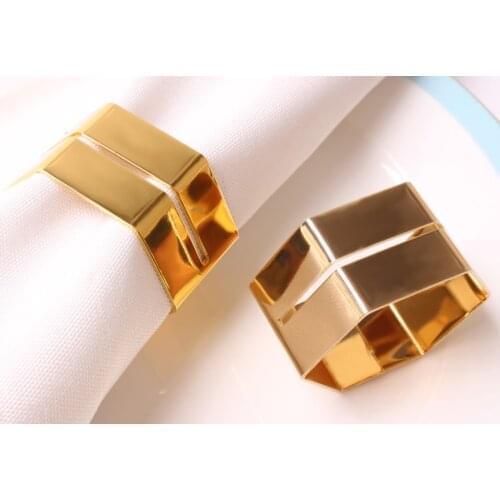 10pcs new hexagonal metal napkin ring hotel set table gold napkin buckle multifunctional business card holder
