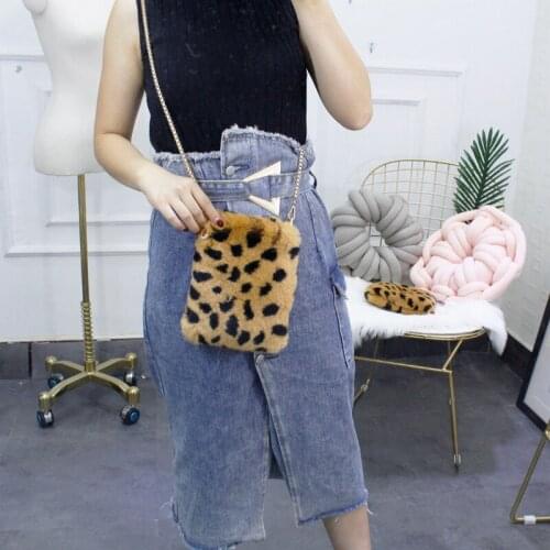 2021 Fashion New Mini Rex Rabbit Fur Purse Crossbody Small Bag Leopard Print Mobile Phone Bag All-Matching Womens Shoulder Bag