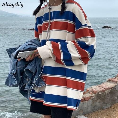 Striped T-shirts Women Panelled Japanese Style Leisure Loose BF Unisex Oversize Chic Simple Spring Autumn Female Top Popular