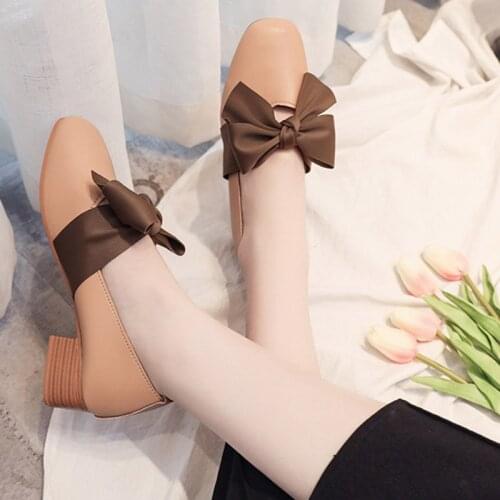 Medium Heels Dress Shoes Butterfly knot Pumps Square Toe Boat Shoes Woman High Heels Ladies Shoes Ol Office Lady Shoes 7267G