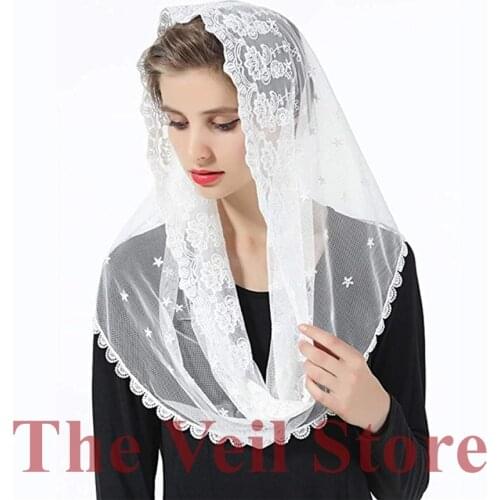 ISHSY Women Embroided Tulle Lace Mantilla Chapel Veils for Church HeadCover Wrap Latin Mass Veil Mantilla Velo de Novia Mantille