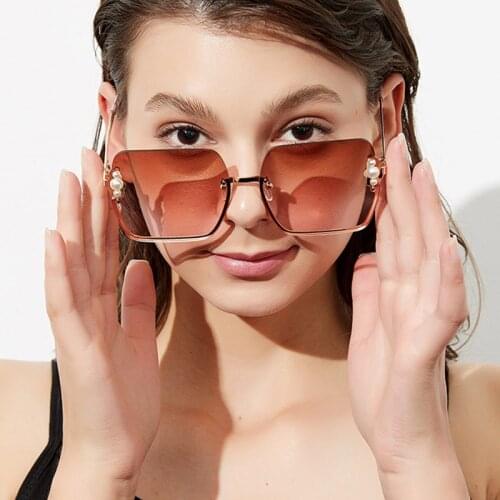 Rimless Square Womens Sunglasses Men Brand Decoration Pearl Sun Glasses For Female Gradient Tea Pink Shield Shades UV400