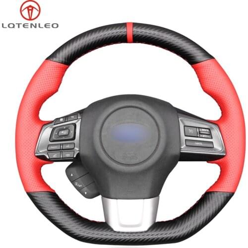 LQTENLEO Black Carbon Fiber Red Leather Hand-stitched Car Steering Wheel Cover For Subaru WRX (STI) 2015-2019 Levorg 2015-2019