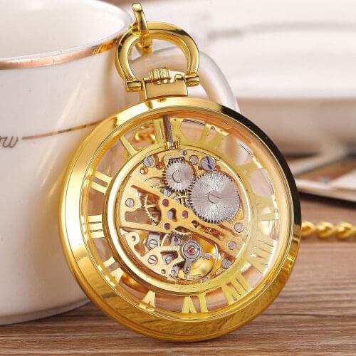Steampunk Mechanical Pocket Fob Watch Pendent Chain Skeleton Transparent Hollow Metal Vintage Pocket Clock Men Relogio De Bolso