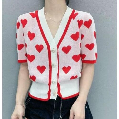 Sweetheart Jacquard Kni Cardigan Women Summer 2021 V Neck Short Sleeve Cardigan Cute Button Up Sweater Shirt Korean Fashion Tops