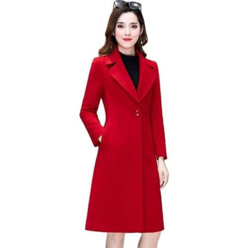 Fashion Blended Woolen Coat Female Mid-Length Autumn Winter 1 Button Slim Ladies Wool Overcoat Red Black Blue khaki Outerwear