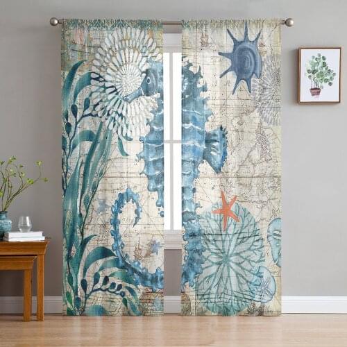 Seahorse Ocean Nautical Style Tulle Window Curtain for Living Room Modern Sheer Curtain for Bedroom Kitchen Drapes Custom