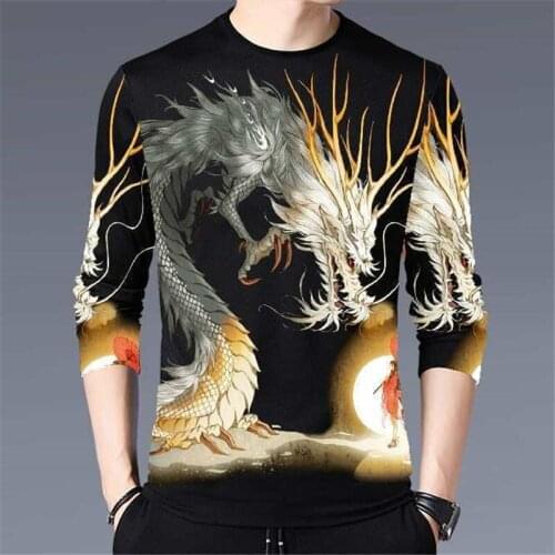 Mens 3D Dragon Pattern Printed Long Sleeve T-shirt Casual Loose All-match Round Neck Beauty T-shirt Top Fashion Mens Clothing