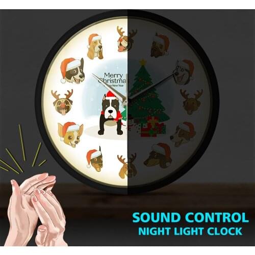 Pit Bull Merry Christmas Wall Clock Popular Dog Breed Sound Activated Wall Clock Pitmas Modern Design Watch