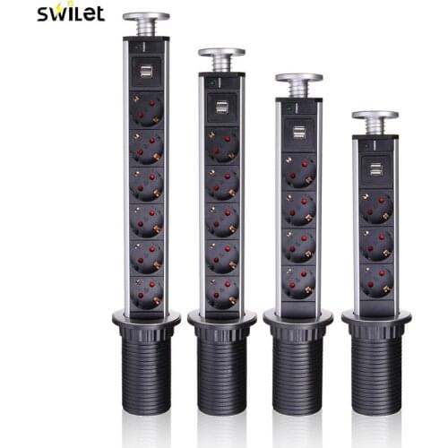 NEW 3/4/5/6 power EU Plug Hidden Kitchen Table Pop Up Electrical Socket Power 2 charge USB Aluminum Shelf Silver/Black Cap