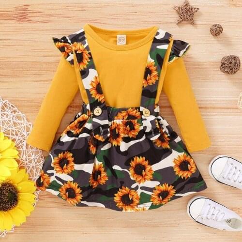Autumn Baby Girl Long Sleeve Solid Color T-shirt Blouse+Sunflower Print Strap Skirt Casual Outfits Set