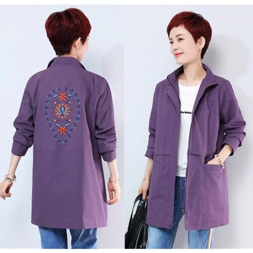 2021 Middle-aged Spring Autumn Outwear Large Size 4XL Loose Casual Windbreaker New Printing Long Cotton Embroidery Trench Coat