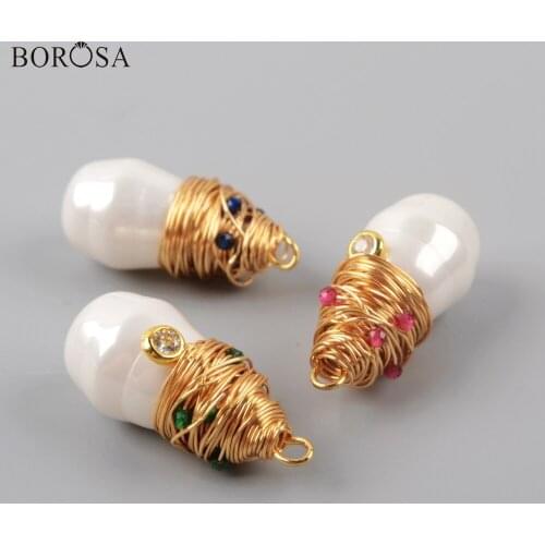BOROSA Wholesale Natural Round Pearl Pendants With Colorful Glass Bead Decorative for Women Necklace Jewelry Making WX1274