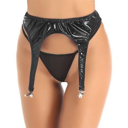 Women Sexy Garter Belt Shiny Metallic Waist Garter Belt with Four Metal Duck-Mouth Clips Suspender for Thigh High Stockings