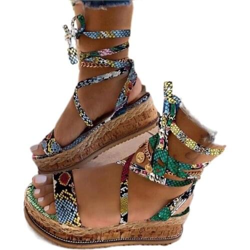 2021Women Sandals Summer Ethnic Snake Print Fashion Casual Wedge Shoes Lace Up Lady Platform Beach Shoes Ladies Plus Size Sandal